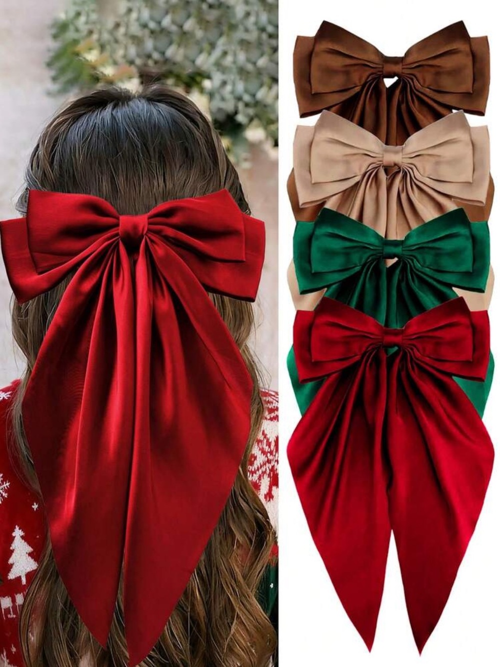 4pcs Christmas Hair Clips, Black Bow, White Bow, Pink Bow, Satin Bow Clips, Long